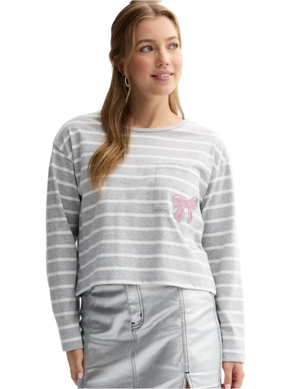 NWT Madden Girl Grey White Stripe Long Sleeve Pocket Tee Pink Sequin Bow Patch M
